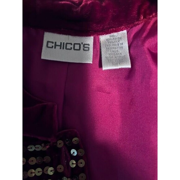 Chico’s Jacket M Burgundy Velvet Silk Blend Sequin Button Up Retro Glam Holiday - Picture 7 of 7